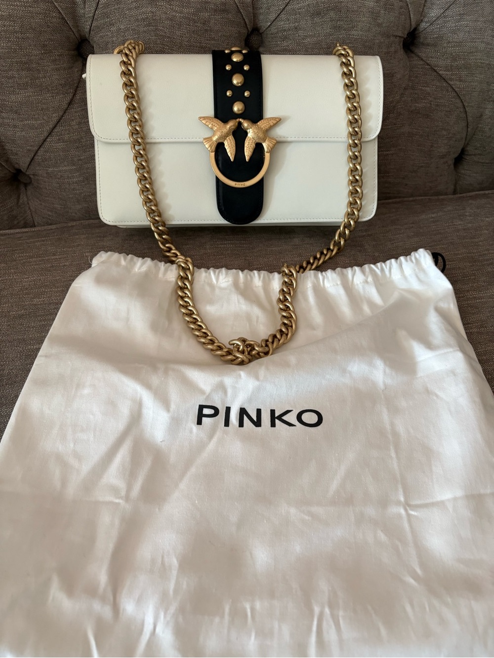 Pinko White Shoulder Bag with Black Strap and Gold Hardware